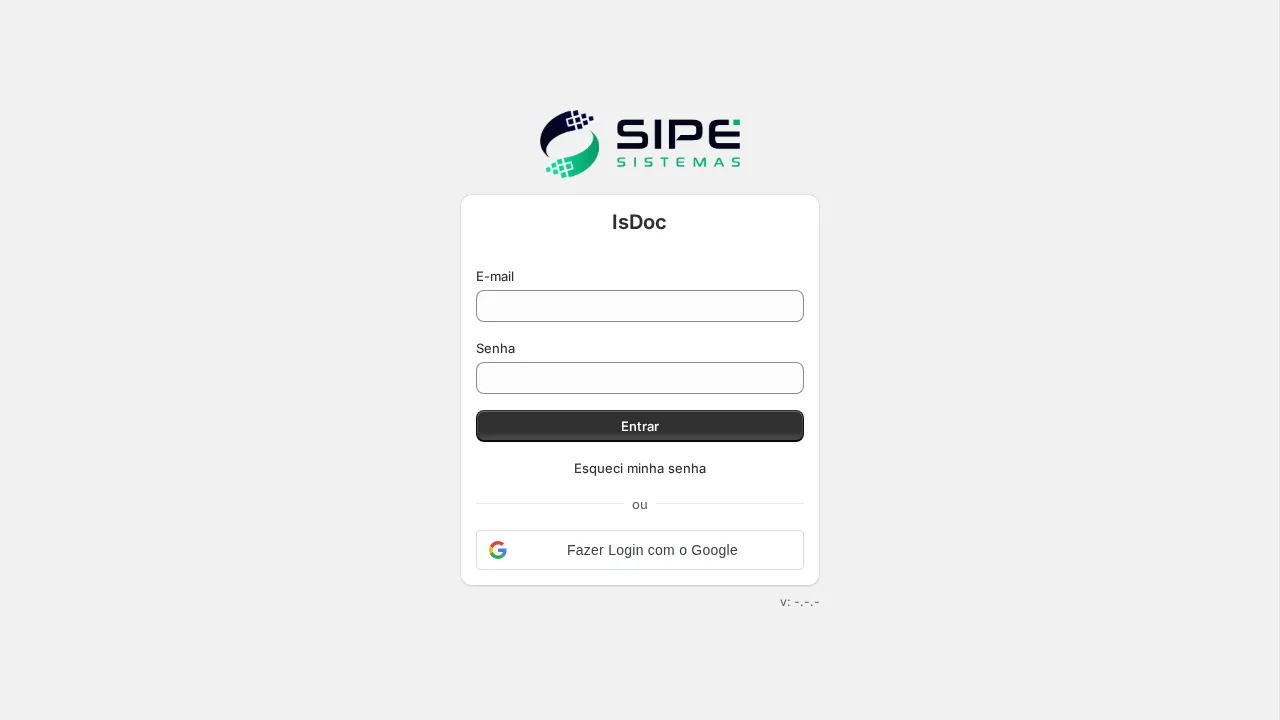 Tela de entrada do IsDoc, com os campos E-mail e Senha, o botão Entrar e o botão Fazer Login com o Google